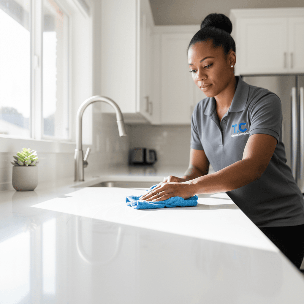 African American cleaner using a microfiber cloth on a modern kitchen countertop, bright natural lighting.