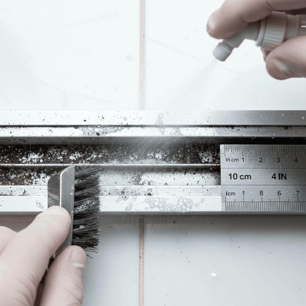 Window track being scrubbed clean with a brush