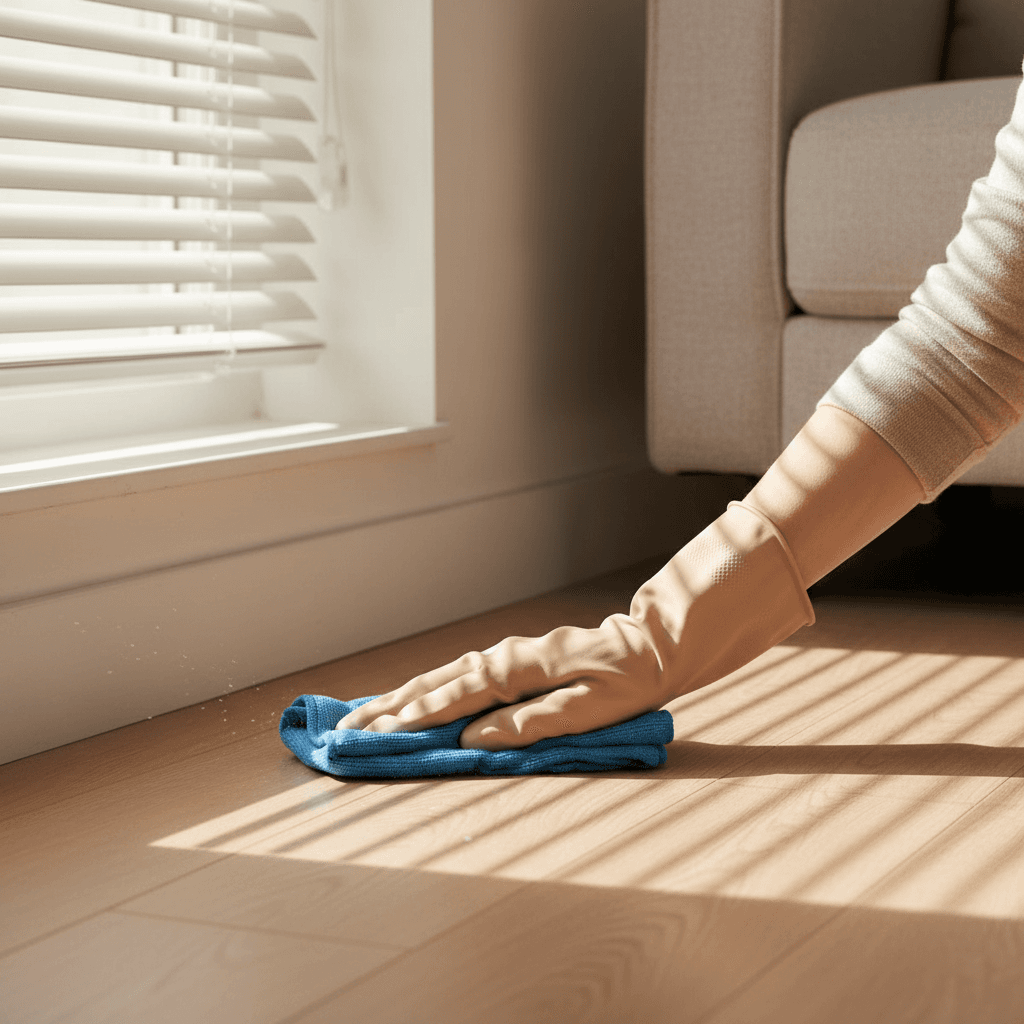 Hand cleaning a baseboard with a microfiber cloth near a window