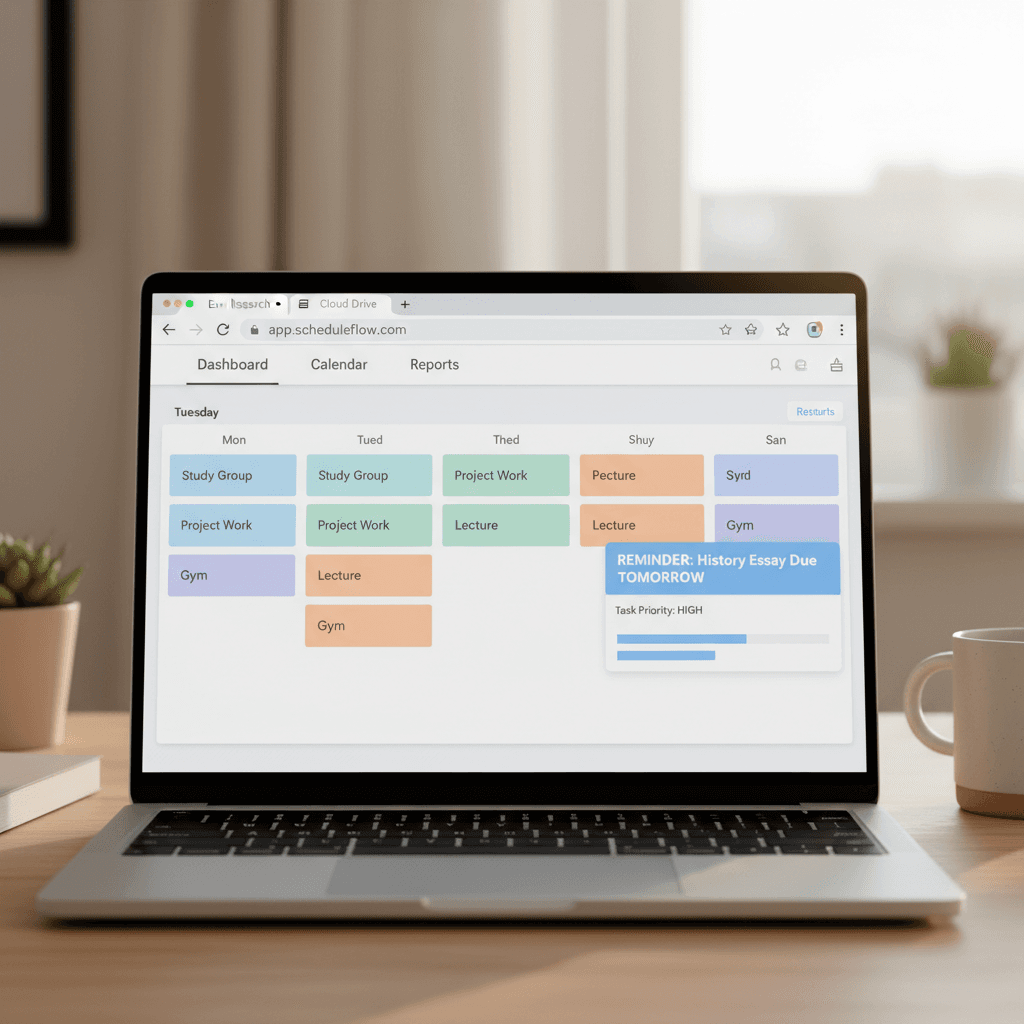 Direct view of browser-based scheduling dashboard showing weekly calendar with color-coded tasks and reminders