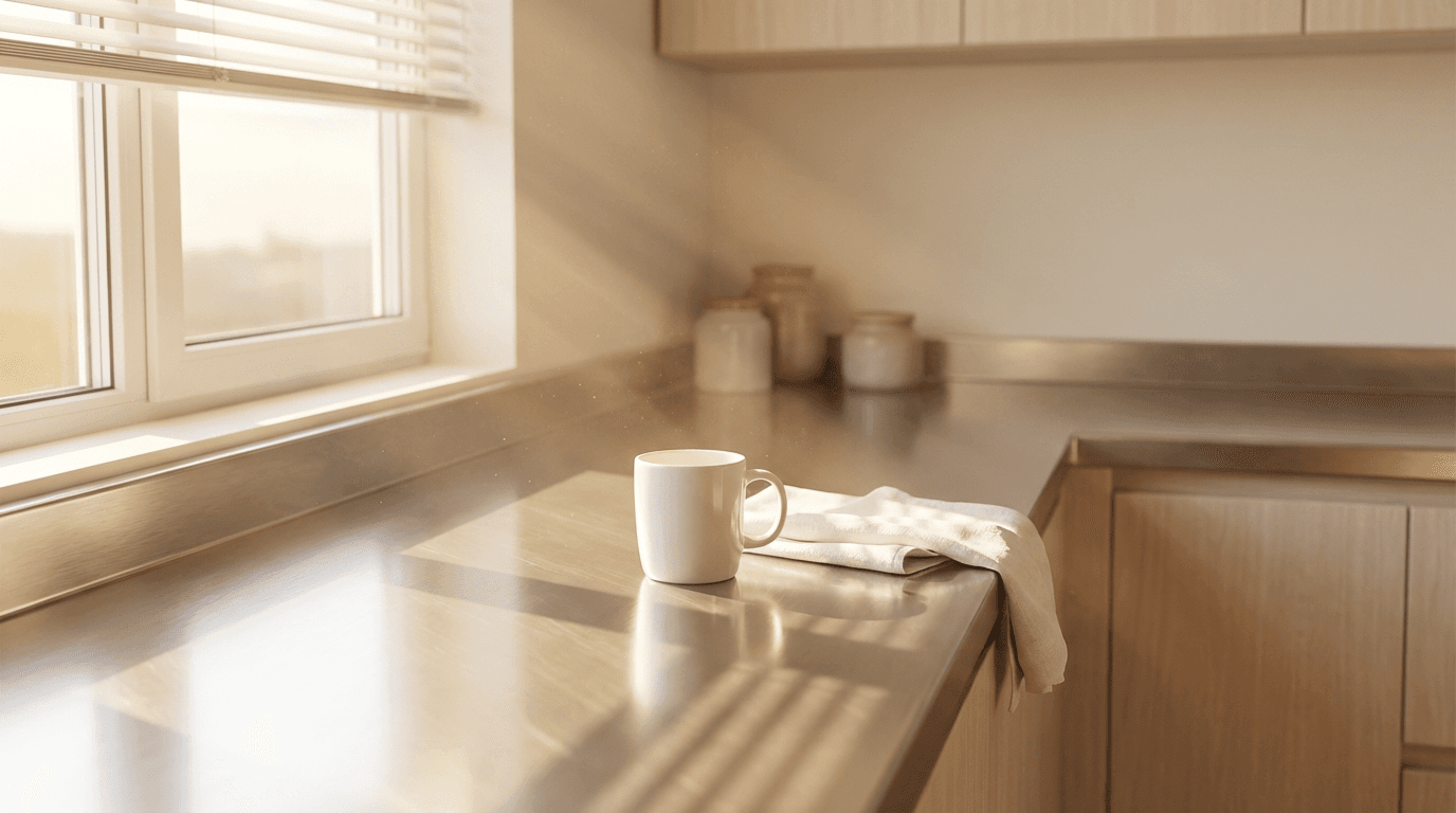 Clean kitchen counter with cleaning supplies and moving boxes in background.