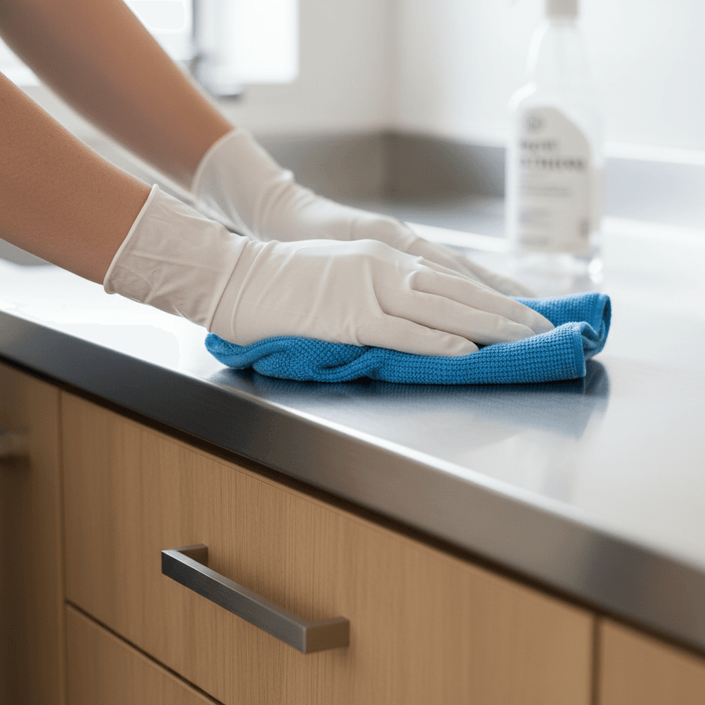 Microfiber cloth wiping a clean kitchen counter after hoarder cleanup
