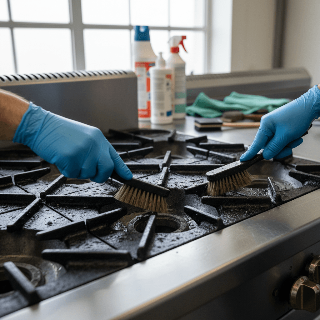 Clean stainless steel stove top with sponge and spray bottle.