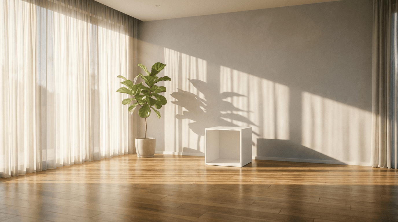 Gloved hand placing a clean box on a cleared living room floor in a sunny home