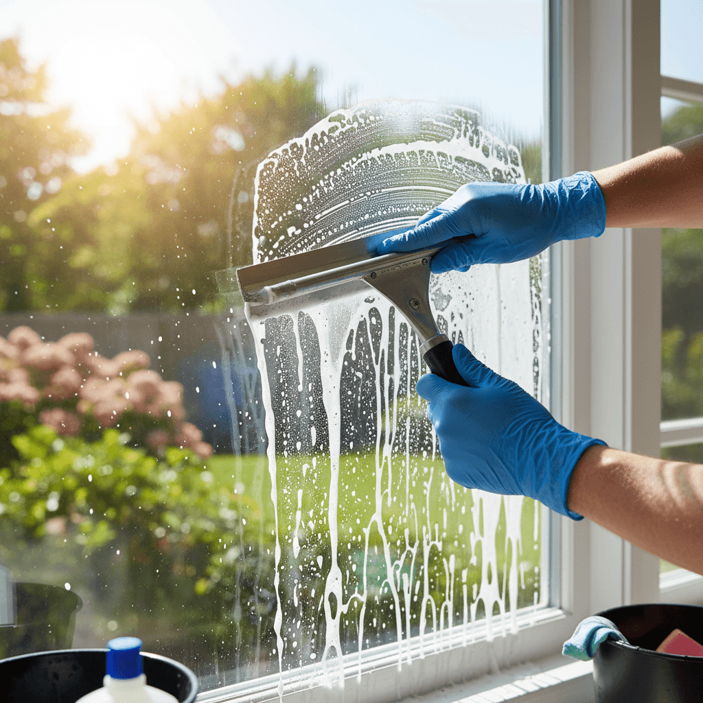 Streak-free window glass being cleaned with squeegee