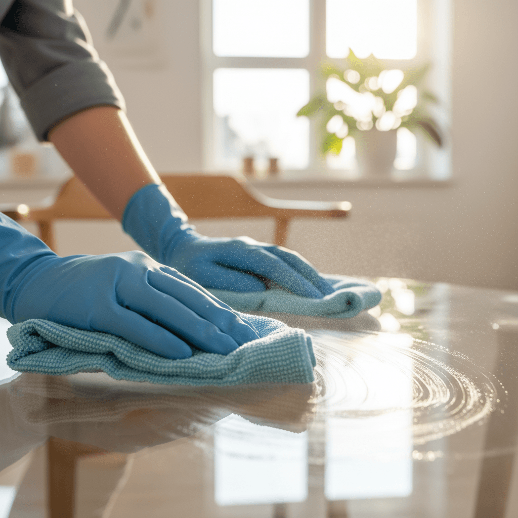 Hand spraying cleaning solution on a microfiber cloth