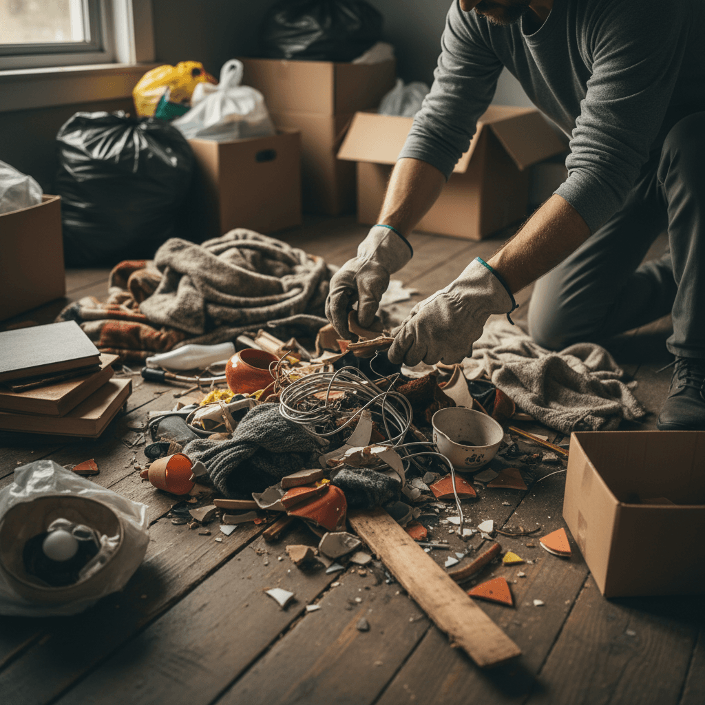 Workers in protective gear filling and removing trash bags from a cluttered room