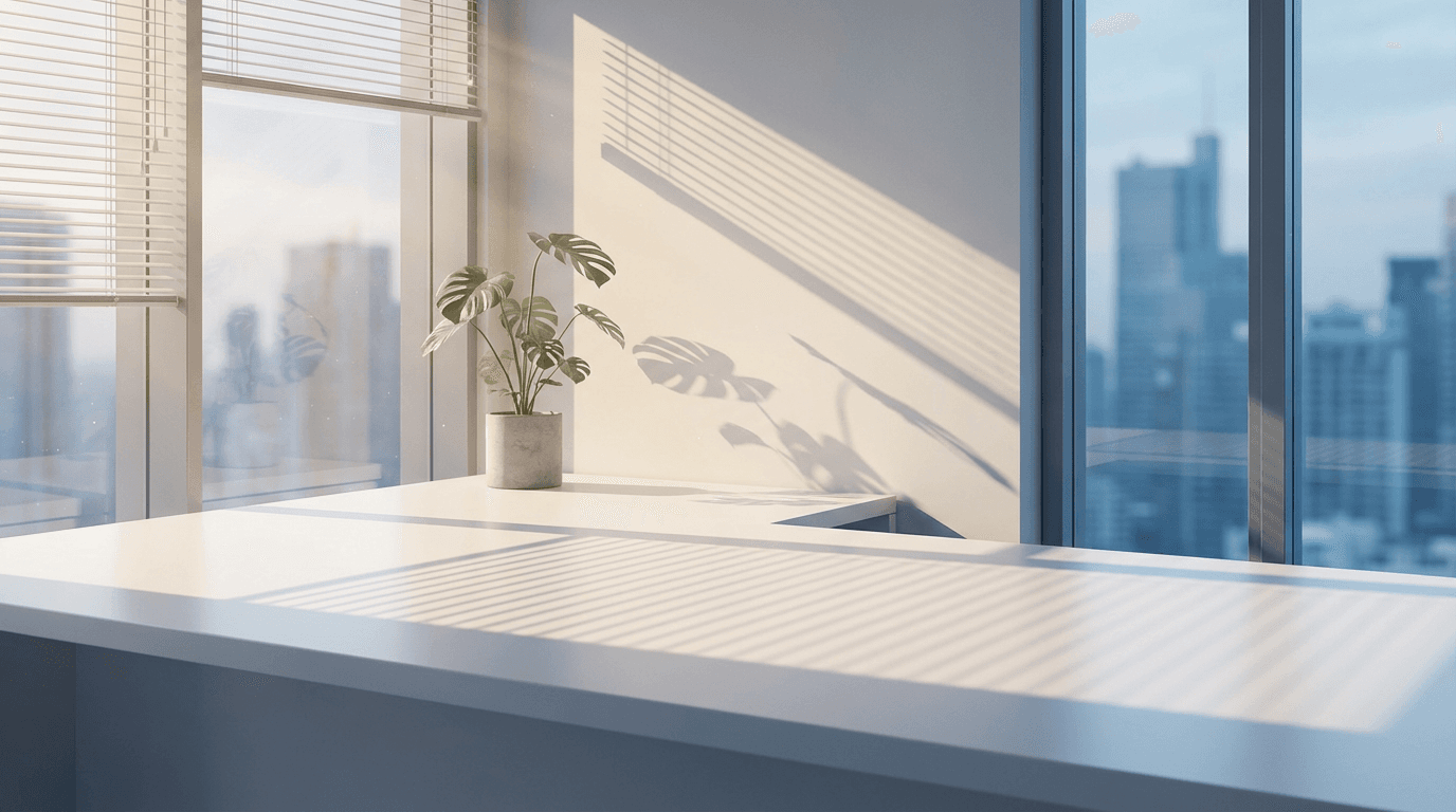 Clean commercial office space with polished table and empty floor