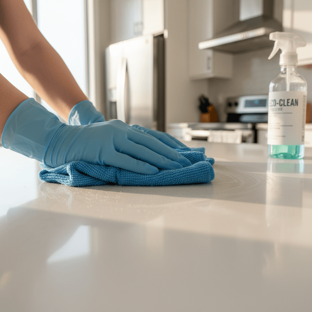 Gloved hands scrubbing a kitchen countertop