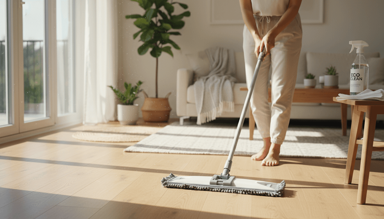 Professional cleaner in Greensboro holding cleaning supplies in a bright living room