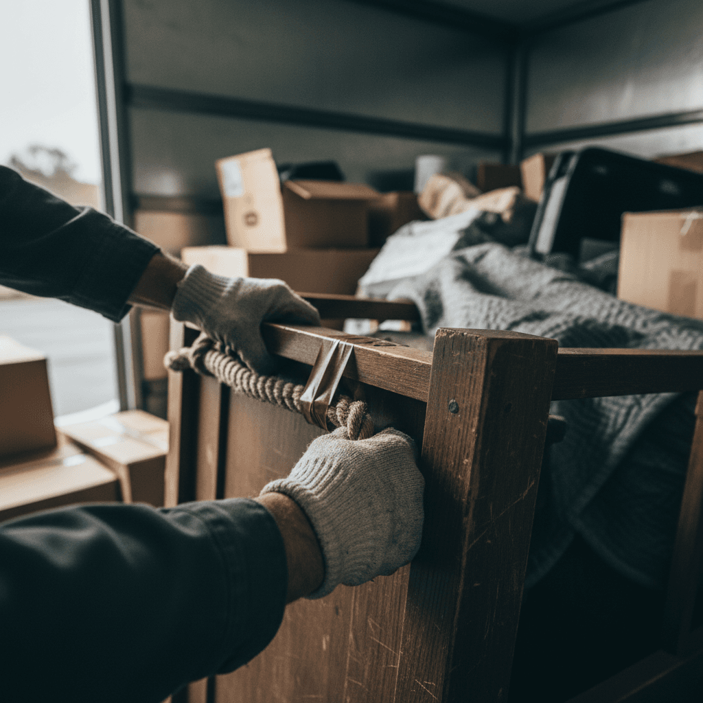 Close-up of junk removal work with gloved hands lifting a box