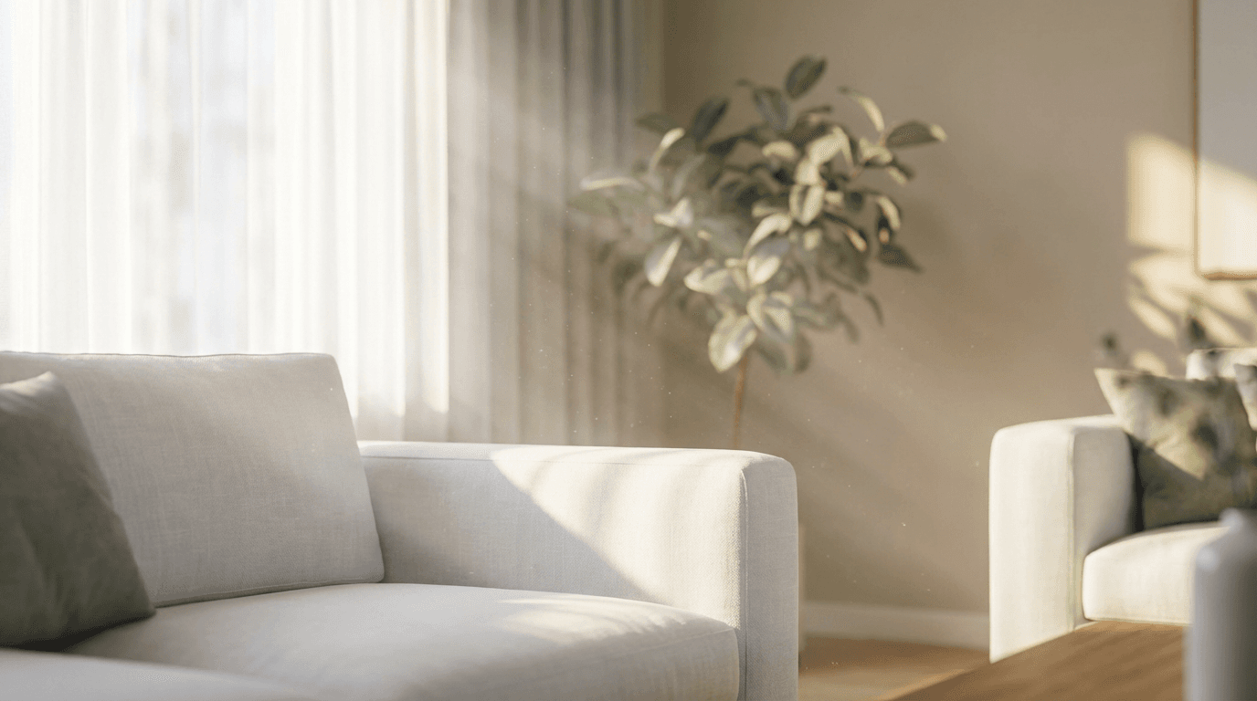 Clean living room with vacuum and microfiber cloth, natural light.