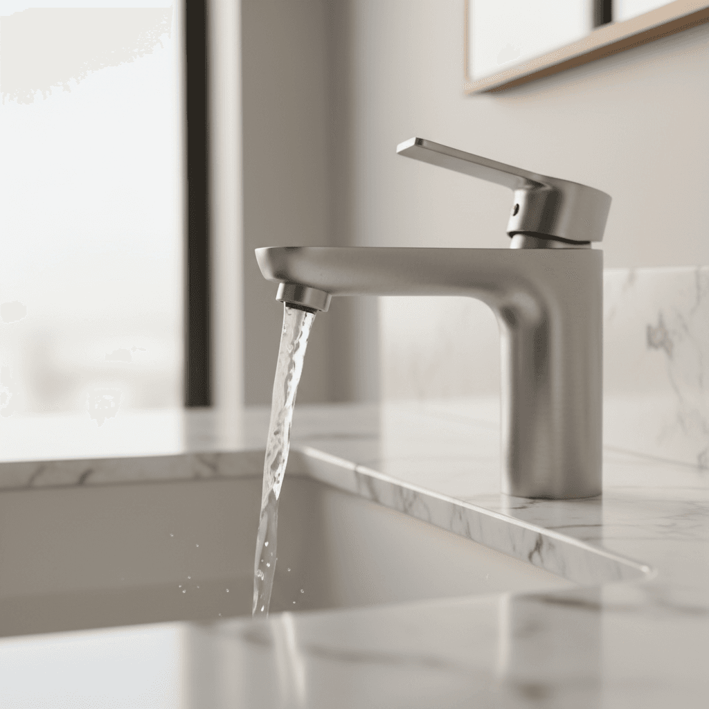 Clean white bathroom sink with chrome faucet and scrub brush.
