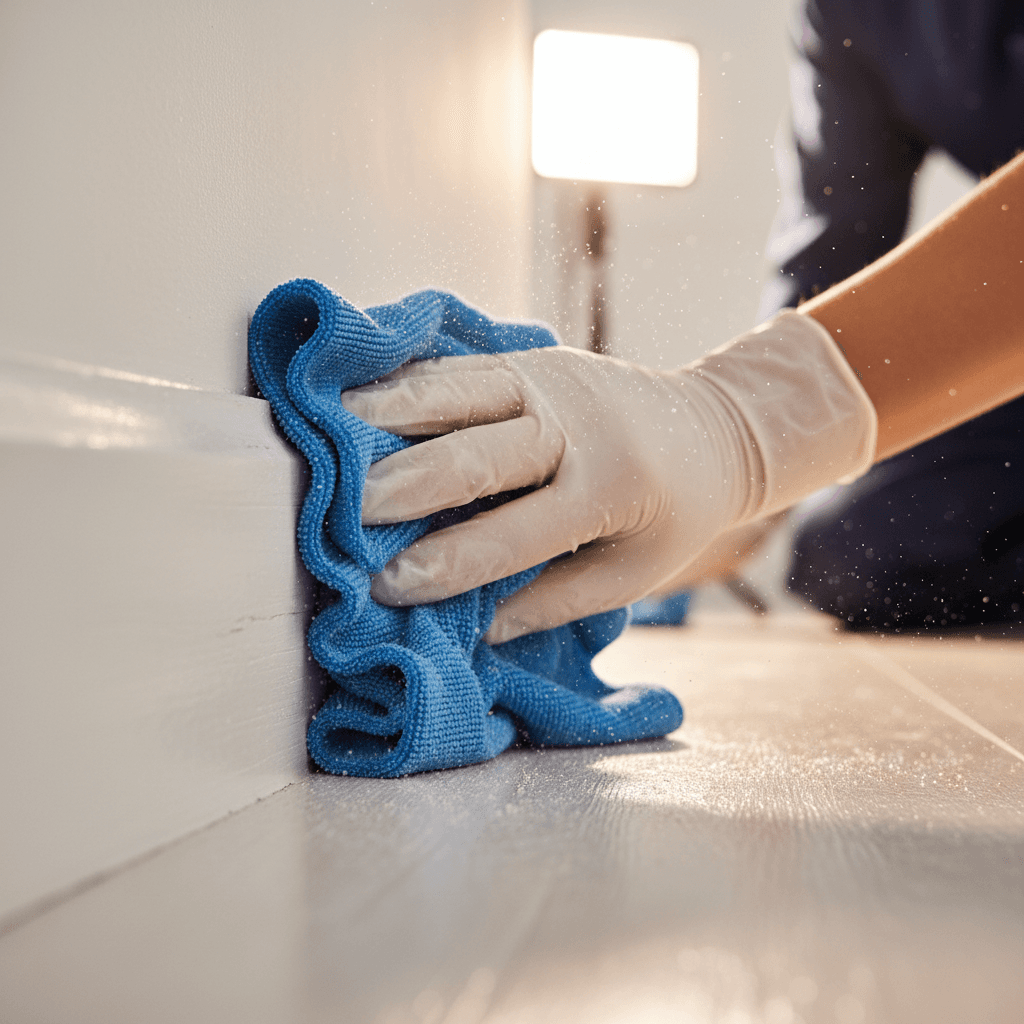 Gloved hand wiping a baseboard during a deep clean.
